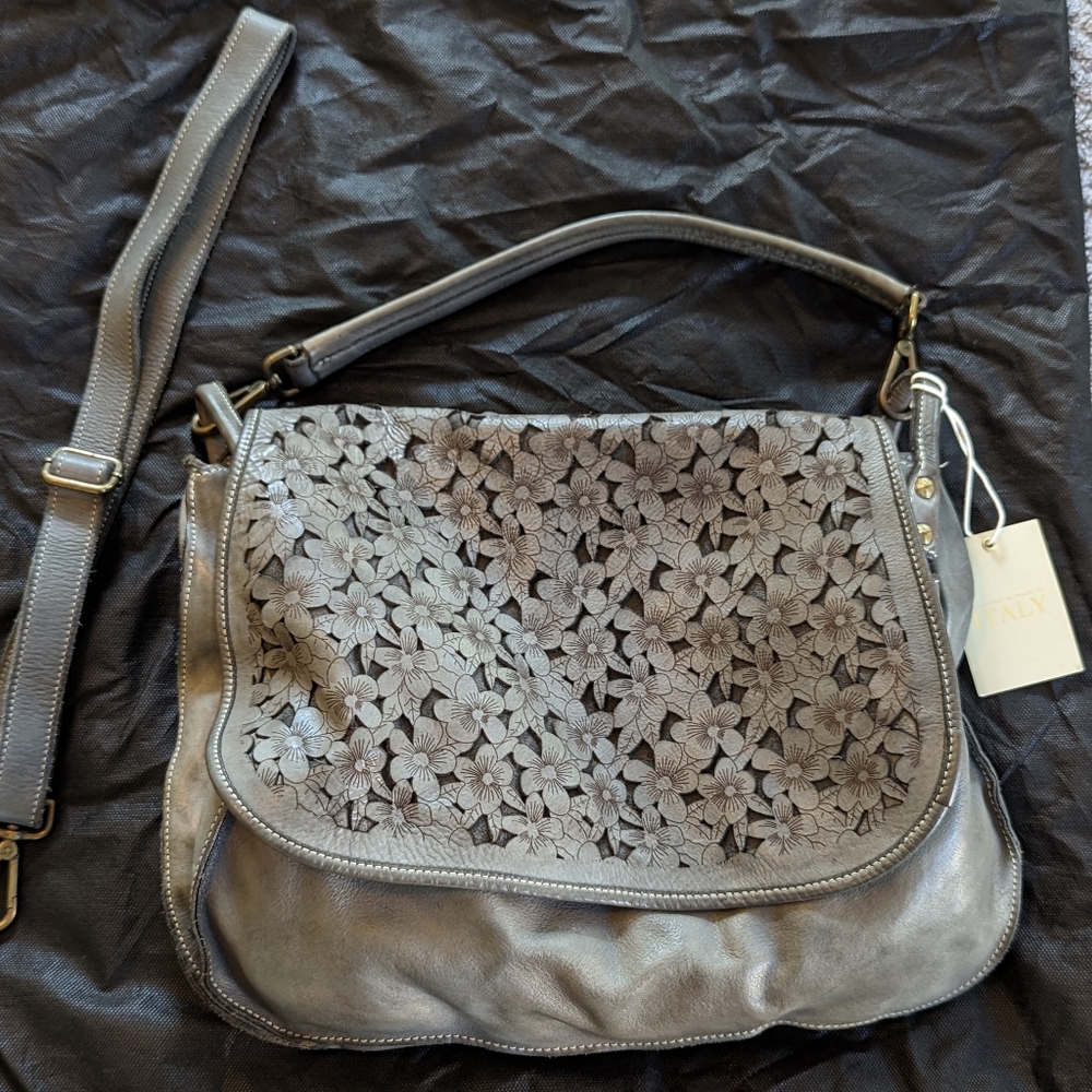 New Costanza Rota Floral Cutout Satchel Crossbody Tote Italian Leather - Picture 2 of 12